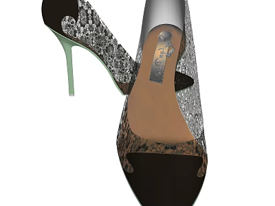 Elegant Open Toe High Heels With Black Silver Lace And Green Heel 3d model