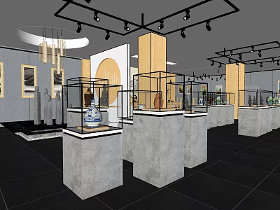 Art Exhibition Hall Interior With Glass Display Cases Artworks And Spotlights 3d model