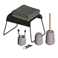 Washing Supplies with Stacked Towels Cleaning Tools in Containers on Metal Frame Stool