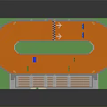 Modern Athletic Stadium With Orange Track Green Central Area Stands And Light Poles