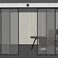Modern Glass Sliding Doors with Vertical Stripes and Black Frame in Office Interior