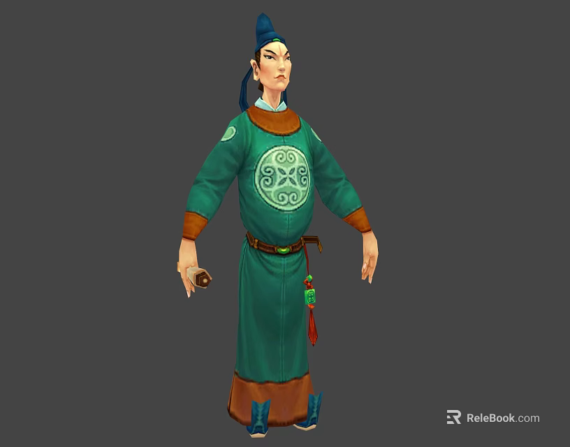 Traditional Male Character In Green Robe With Dragon Pattern Cuff Decoration And Hair Ornament 3d model 