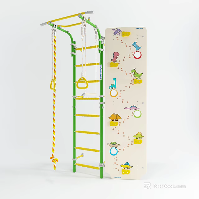Children's Playground Equipment With Climbing Ladder Colorful Rings And Dinosaur Activity Panel 3d model 