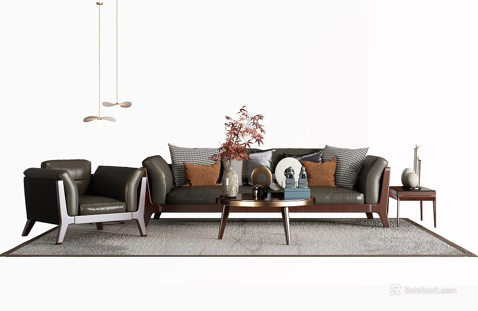 Elegant Modern Sofa And Coffee Table Set With Decorative Pillows Vase And Side Table 3d model