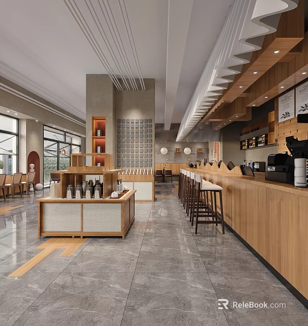 Modern Restaurant Interior With Wooden Bar Counter Tables Chairs And Display Shelves 3d model 