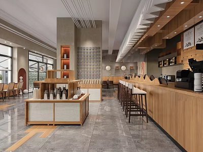 Modern Restaurant Interior With Wooden Bar Counter Tables Chairs And Display Shelves 3d model