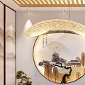 Traditional Chinese Teahouse Interior Featuring Circular Landscape Painting Calligraphy And Wooden Furniture