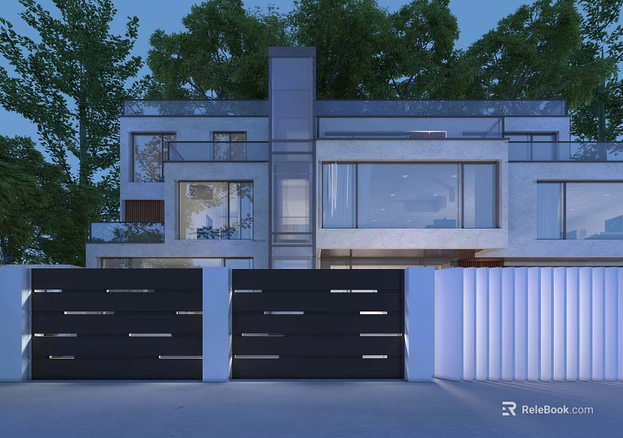 Modern Detached Villa With Large Glass Windows Black Gates And White Fence 3d model 