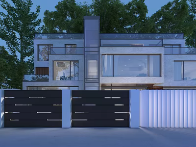 Modern Detached Villa With Large Glass Windows Black Gates And White Fence 3d model