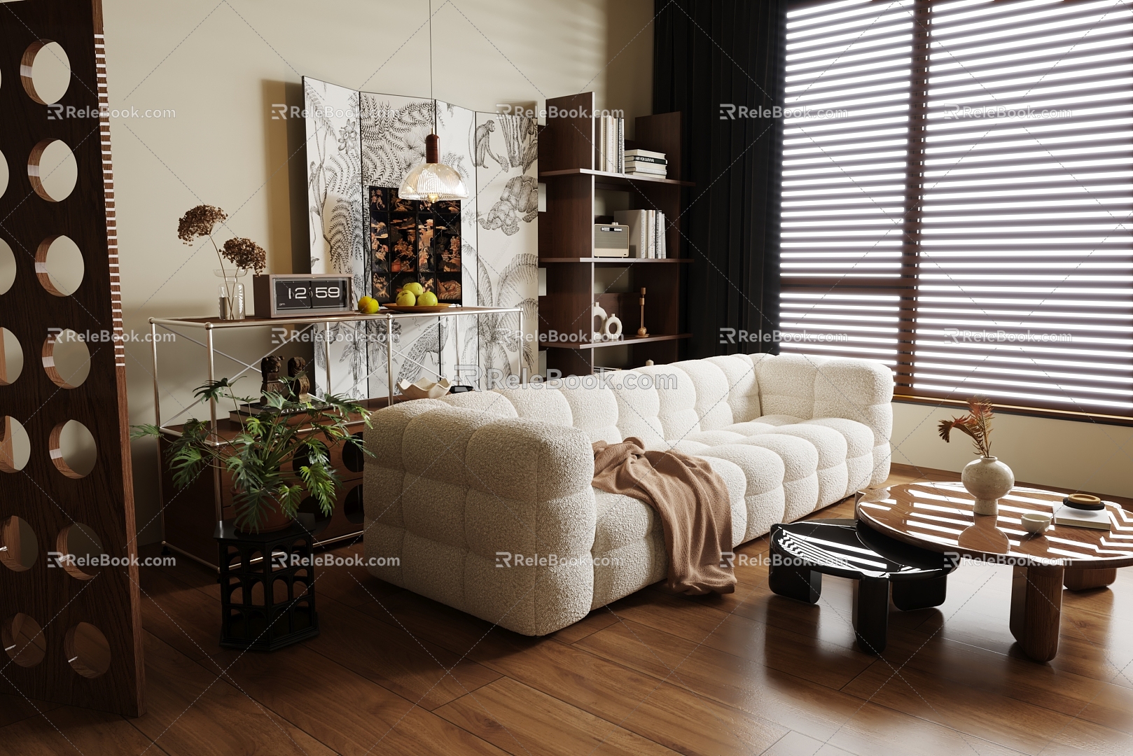 Middle-ancient living room walnut sofa chest of drawers bookshelf coffee table wooden floor shutters model