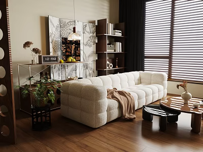 Modern Living Room Featuring Puffy White Sofa Wooden Floor Bookshelf And Window Blinds 3d model