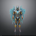 Futuristic Armored Warrior With Biomechanical Blue Wings And Orange Accents