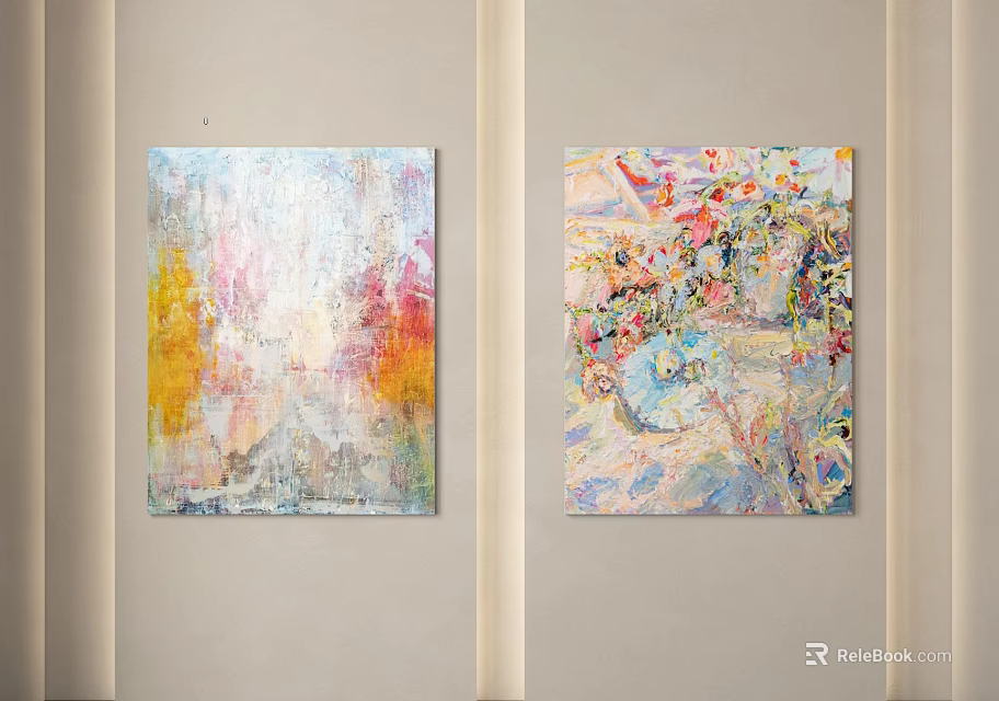 Two Vibrant Colorful Abstract Paintings Hanging on Light Colored Wall 3d model 