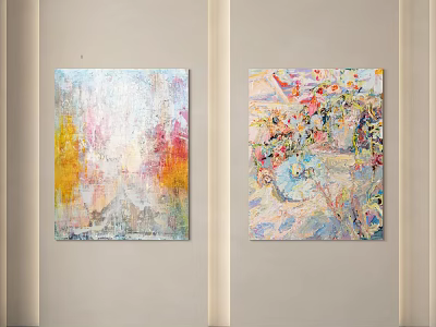 Two Vibrant Colorful Abstract Paintings Hanging on Light Colored Wall 3d model