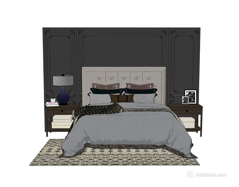 Elegant Double Bed with Upholstered Headboard Dark Paneled Wall Background and Patterned Rug 3d model