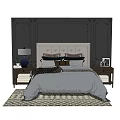 Elegant Double Bed with Upholstered Headboard Dark Paneled Wall Background and Patterned Rug 3d model