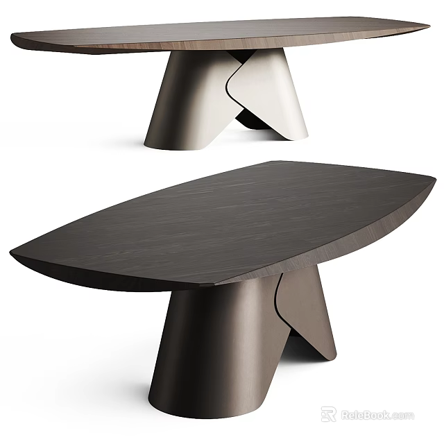 Modern Dining Table With Dark Wooden Top And Geometric Metal Base Design 3d model 
