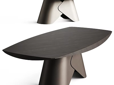 Modern Dining Table With Dark Wooden Top And Geometric Metal Base Design 3d model