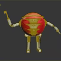 Game Movie Character Red Spherical Metallic Robot With Mechanical Arms And Silver Legs