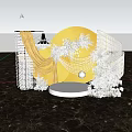Elegant Floral Art Display Featuring Yellow Circular Backdrop White Florals Crystal Chandelier and Marble Base