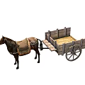 Horse Drawn Wooden Cart Loaded With Hay For Rural Farm Transport