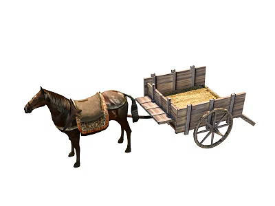 Horse Drawn Wooden Cart Loaded With Hay For Rural Farm Transport 3d model