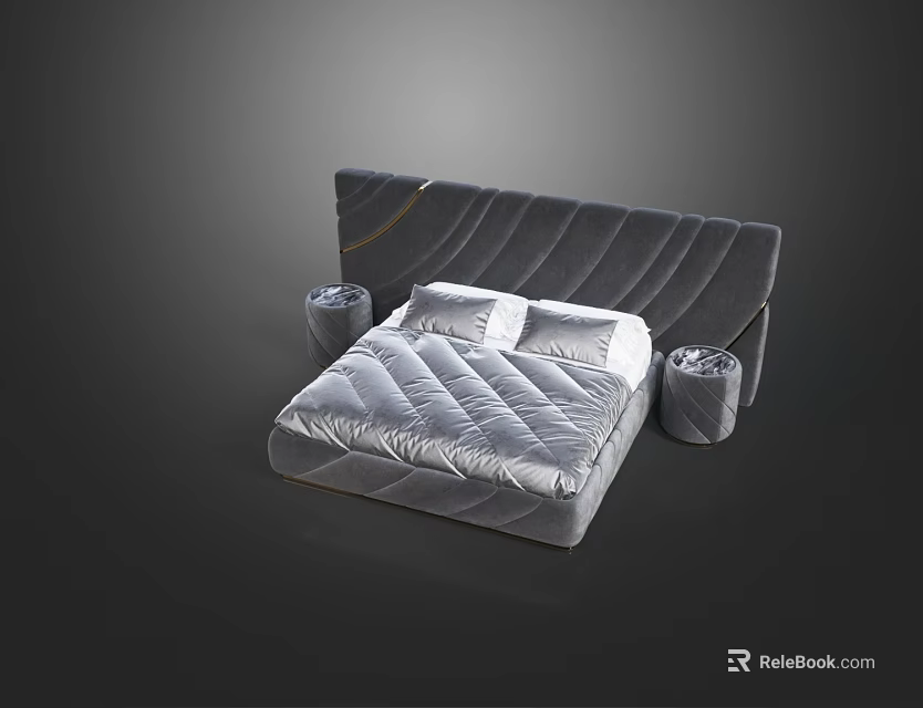 Modern Upholstered Bed With Gray Headboard Bedside Tables And Soft Pillows 3d model 