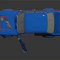Blue Race Car Model With Open Doors Trunk Golden Wheels And Stripes