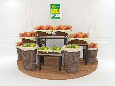 Round Wooden Display Shelves with Woven Baskets and Fresh Fruits Arrangement 3d model