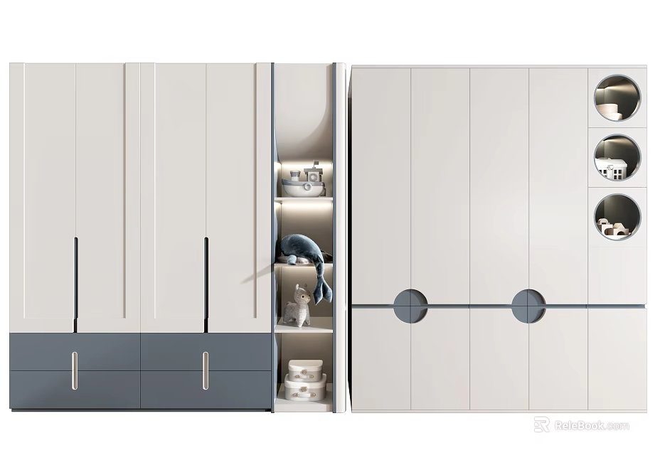 Modern Wardrobe Design With White Gray Cabinet Doors Drawers And Circular Details 3d model 