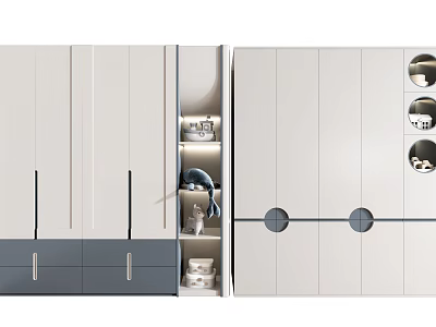 Modern Wardrobe Design With White Gray Cabinet Doors Drawers And Circular Details 3d model