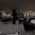 Hotel Lobby With Tropical Plant Murals Black White Geometric Flooring Green Banquette And Pendant Lights