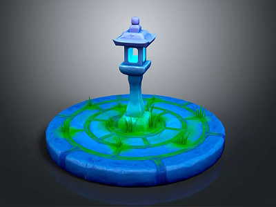 Blue Stone Lantern With Circular Stone Base And Green Grass Spiral Pattern Illuminating Blue Light 3d model