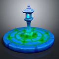 Blue Stone Lantern With Circular Stone Base And Green Grass Spiral Pattern Illuminating Blue Light
