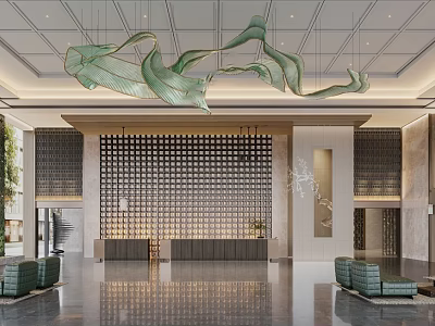 Modern Hotel Lobby Interior With Artistic Green Chandelier And Lattice Backdrop 3d model