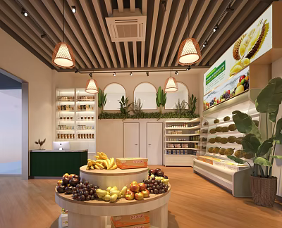 Fresh Fruit Store Interior With Display Stand Shelves Hanging Lamps And Green Plants 3d model