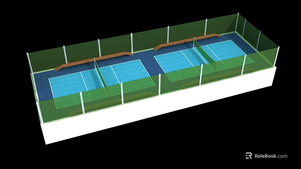 Two Outdoor Tennis Courts With Blue Surfaces Green Borders And Fencing For Fitness 3d model 