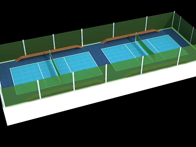Two Outdoor Tennis Courts With Blue Surfaces Green Borders And Fencing For Fitness 3d model