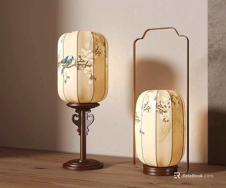Traditional Chinese Style Table Lamps With Beige Lampshade And Floral Bird Patterns 3d model 