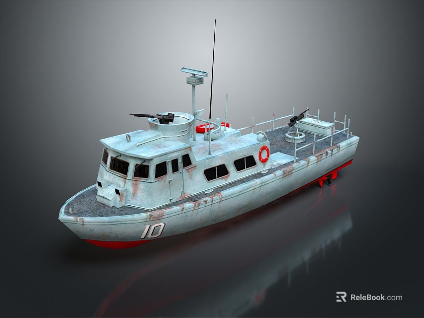 Gray Military Patrol Boat With Gun Lifebuoy And Number 10 3d model 