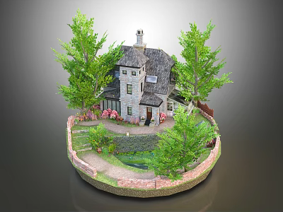 Cartoon Scene Featuring Small Gray House with Chimney Green Trees and Pink Flower Garden 3d model