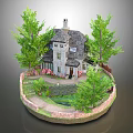 Cartoon Scene Featuring Small Gray House with Chimney Green Trees and Pink Flower Garden