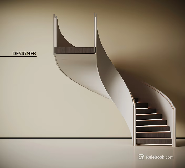 Elegant Modern Spiral Staircase With Designer Wooden Steps And White Handrails 3d model 