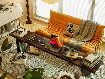 Minimalist Study Room Interior With Cozy Sofa Wooden Coffee Table Lamp Bookshelf And Green Plants 3d model