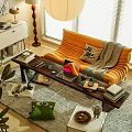 Minimalist Study Room Interior With Cozy Sofa Wooden Coffee Table Lamp Bookshelf And Green Plants