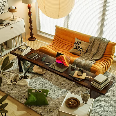 Minimalist Study Room Interior With Cozy Sofa Wooden Coffee Table Lamp Bookshelf And Green Plants 3d model