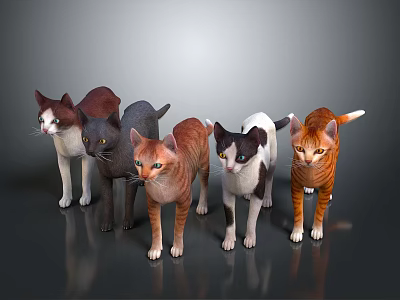 Different Colored Cats Standing Together on Smooth Reflective Surface 3d model