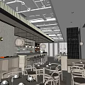 Modern Restaurant Interior Design With Dining Tables Chairs Bar Counter And Hanging Lights