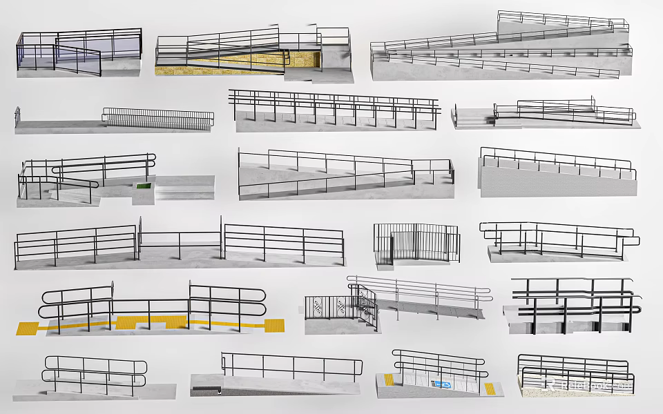 Various Staircase Designs With Different Railing Styles And Architectural Sketches 3d model 