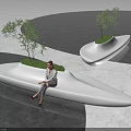 Streamlined White Public Chair With Green Trees In Modern Outdoor Open Space